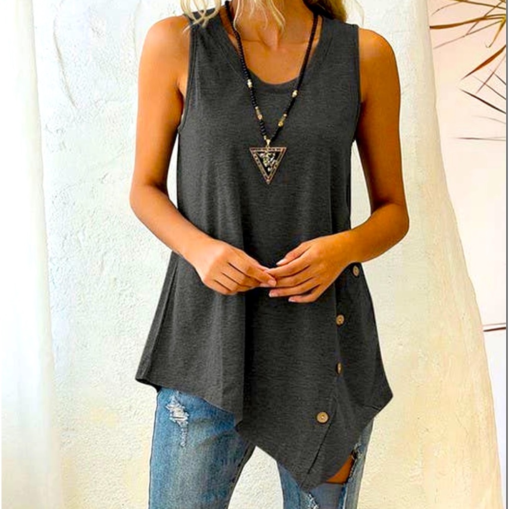 U Neck Sleeveless Tank w/ 4 Buttons Down Left Side